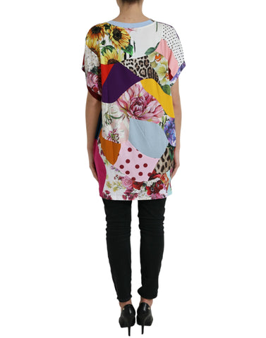Multicolor patchwork cotton silk blouse top by Dolce & Gabbana, featuring vibrant fabric and stylish design.