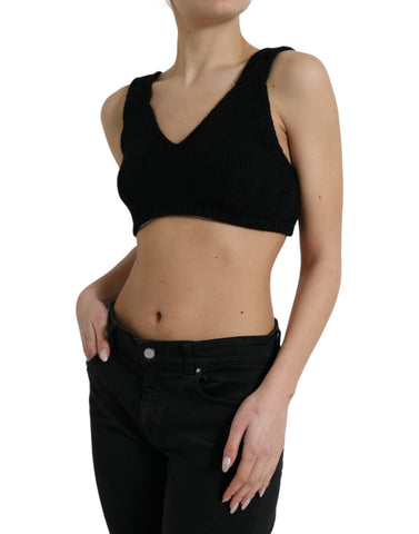 Black cropped cashmere V-neck bustier top by Dolce & Gabbana, shown with a fitted silhouette and subtle texture.