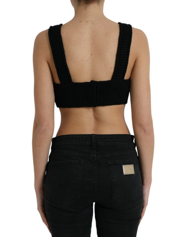 Black cropped cashmere V-neck bustier top by Dolce & Gabbana, shown on a mannequin, highlighting its soft texture and fitted style.