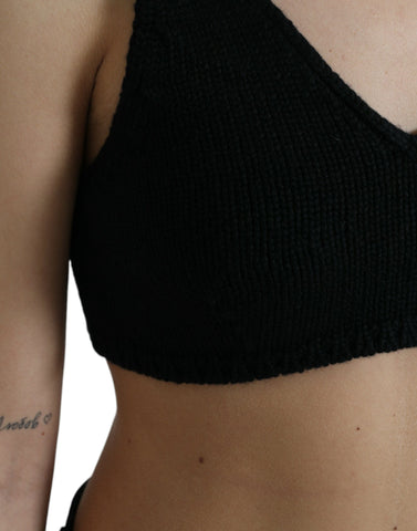 Black cropped cashmere V-neck bustier top by Dolce & Gabbana, featuring a fitted design and soft knit fabric.
