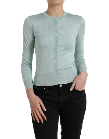 Light blue silk crew neck cardigan sweater by Dolce & Gabbana, featuring a soft, smooth fabric and classic fit.