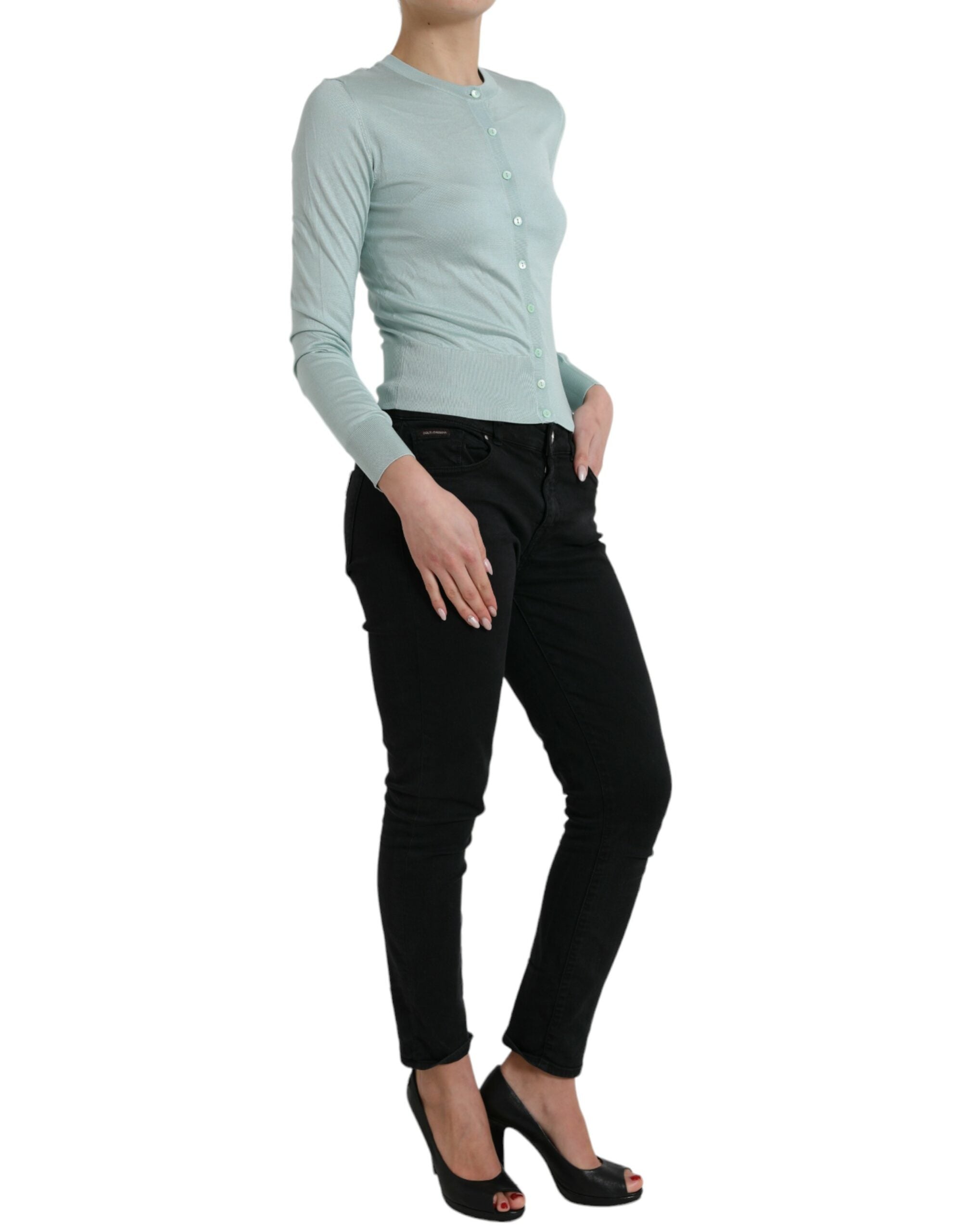 Light blue silk crew neck cardigan sweater by Dolce & Gabbana, featuring smooth fabric and classic design.