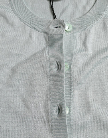 Light blue silk crew neck cardigan sweater by Dolce & Gabbana, featuring a soft, luxurious fabric and classic design.