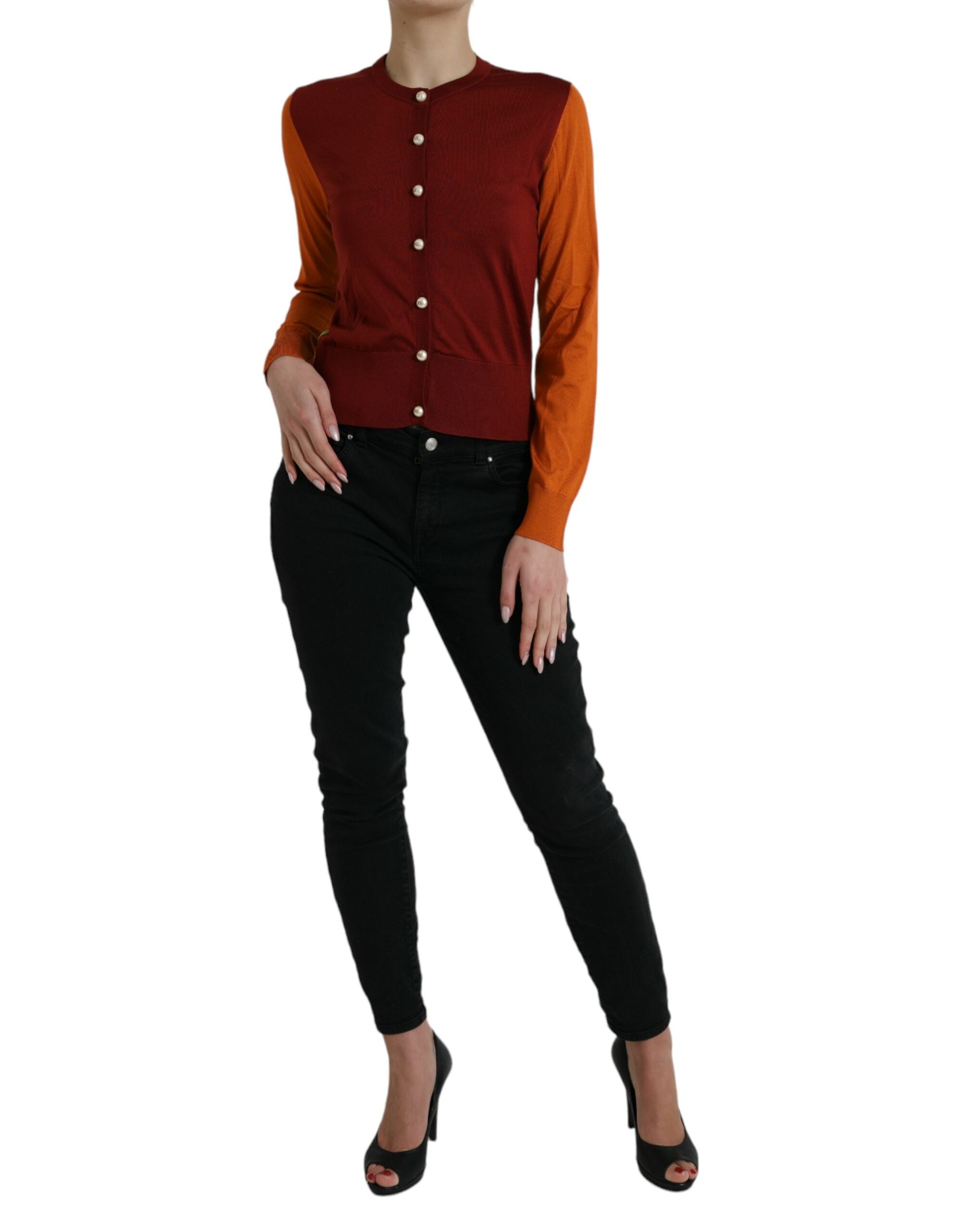 Multicolor silk crewneck cardigan sweater by Dolce & Gabbana, featuring vibrant patterns and a classic fit.