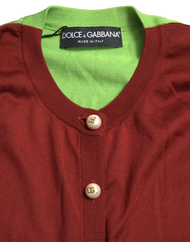Multicolor silk crewneck cardigan sweater by Dolce & Gabbana, featuring vibrant knit pattern and classic fit.