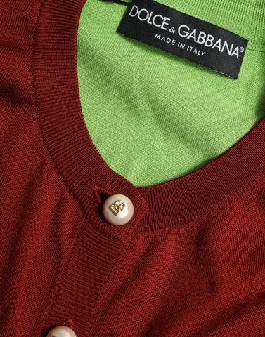 Multicolor silk crewneck cardigan sweater by Dolce & Gabbana, featuring vibrant knitted design and long sleeves.