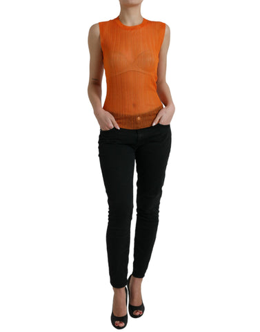 Orange see-through crew neck blouse tank top by Dolce & Gabbana, featuring lightweight, sheer fabric and a relaxed fit.