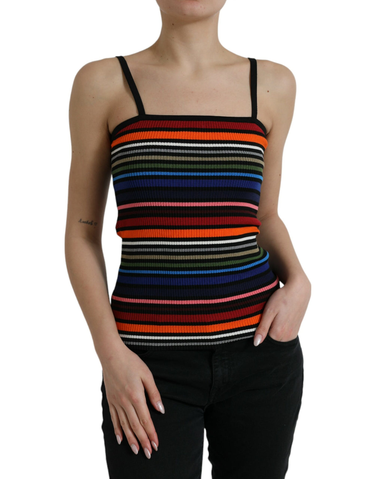 Multicolor striped spaghetti strap tank top by Dolce & Gabbana, featuring vibrant horizontal stripes and slim straps.