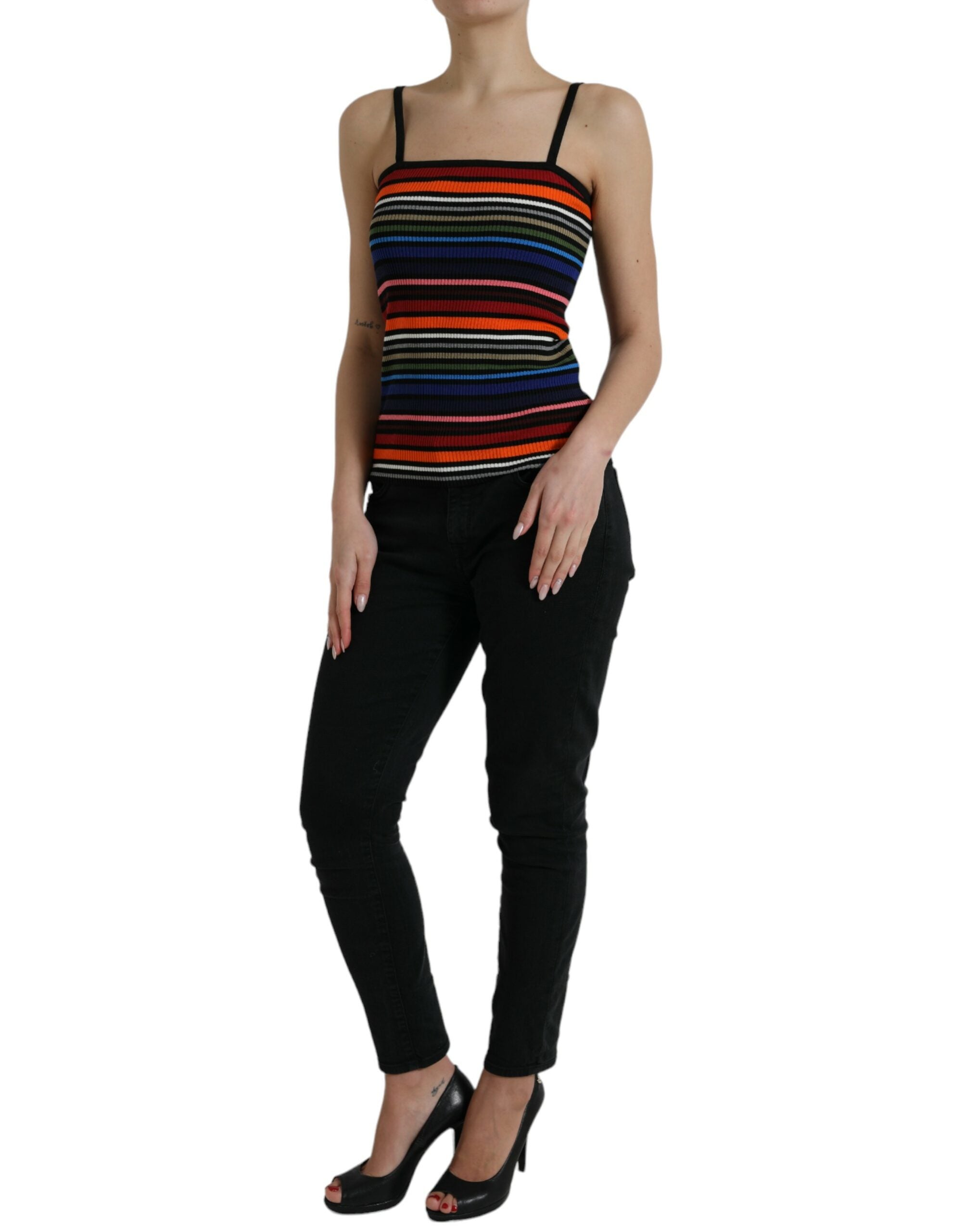 Multicolor striped spaghetti strap tank top by Dolce & Gabbana, featuring vibrant horizontal stripes and a fitted sleeveless design.