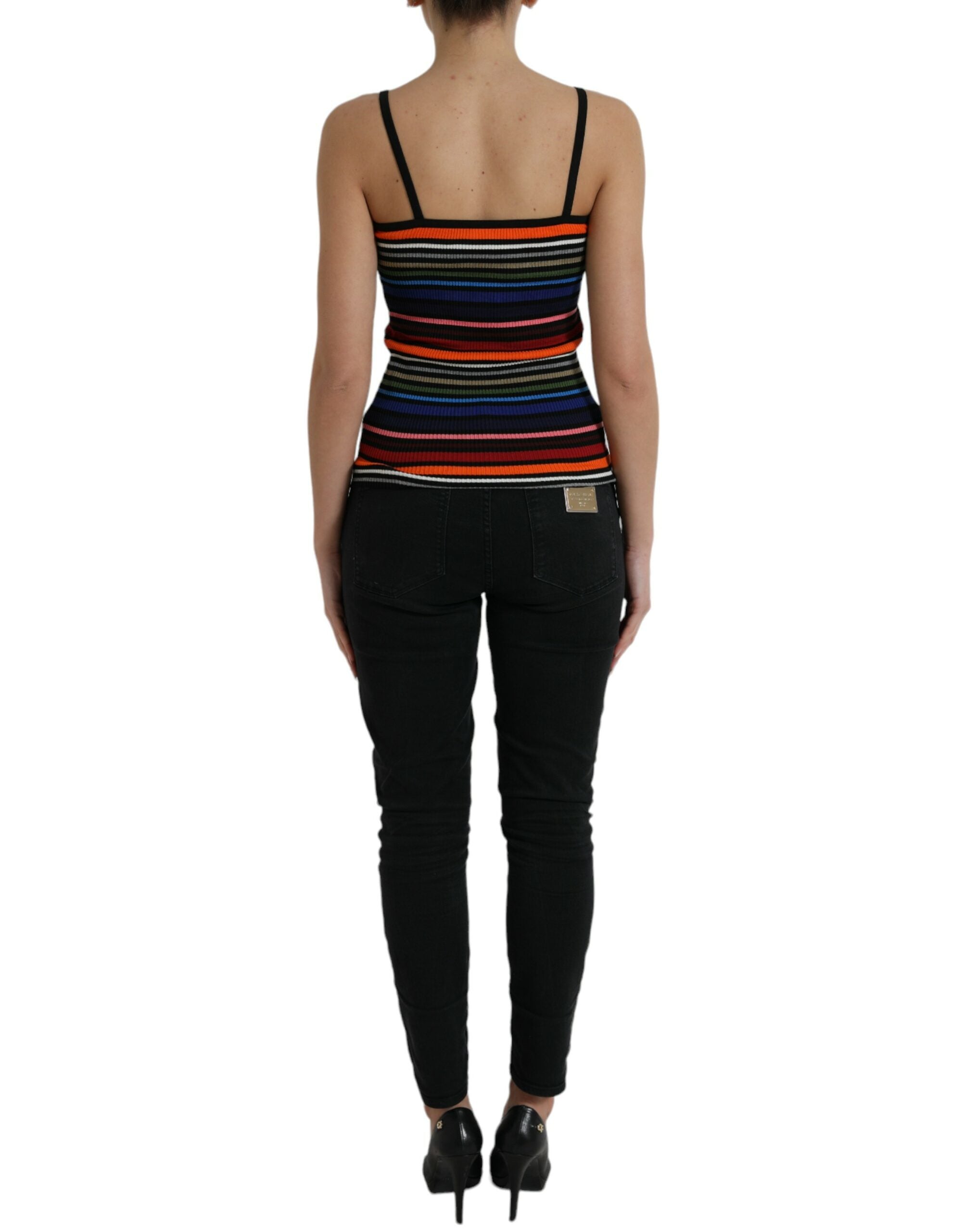 Multicolor striped spaghetti strap tank top by Dolce & Gabbana, featuring vibrant horizontal stripes and a fitted sleeveless design.