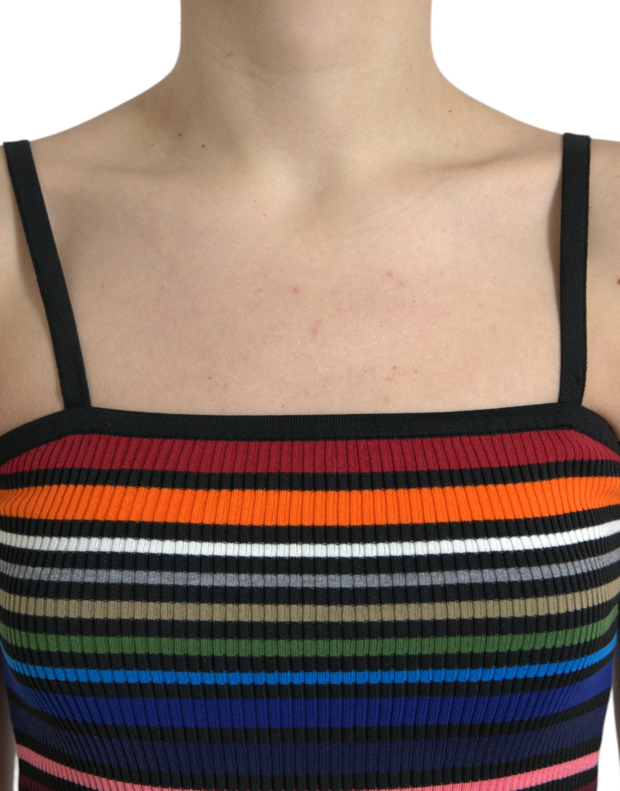 Multicolor striped spaghetti strap tank top by Dolce & Gabbana, featuring vibrant horizontal stripes and slim shoulder straps.
