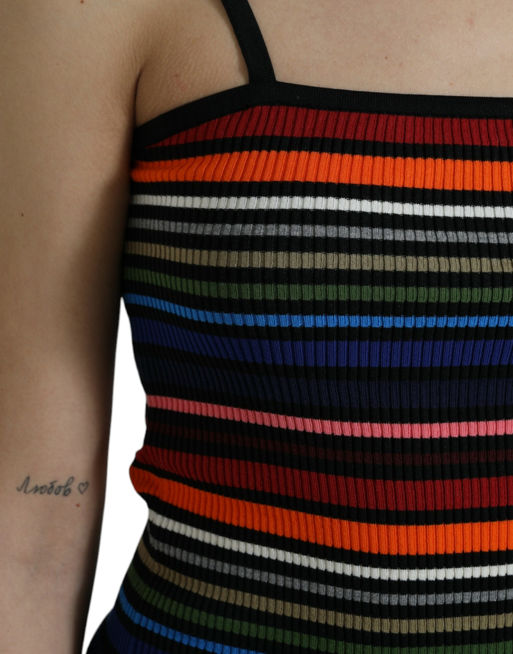 Multicolor striped spaghetti strap tank top by Dolce & Gabbana, featuring vibrant horizontal stripes and slim straps.