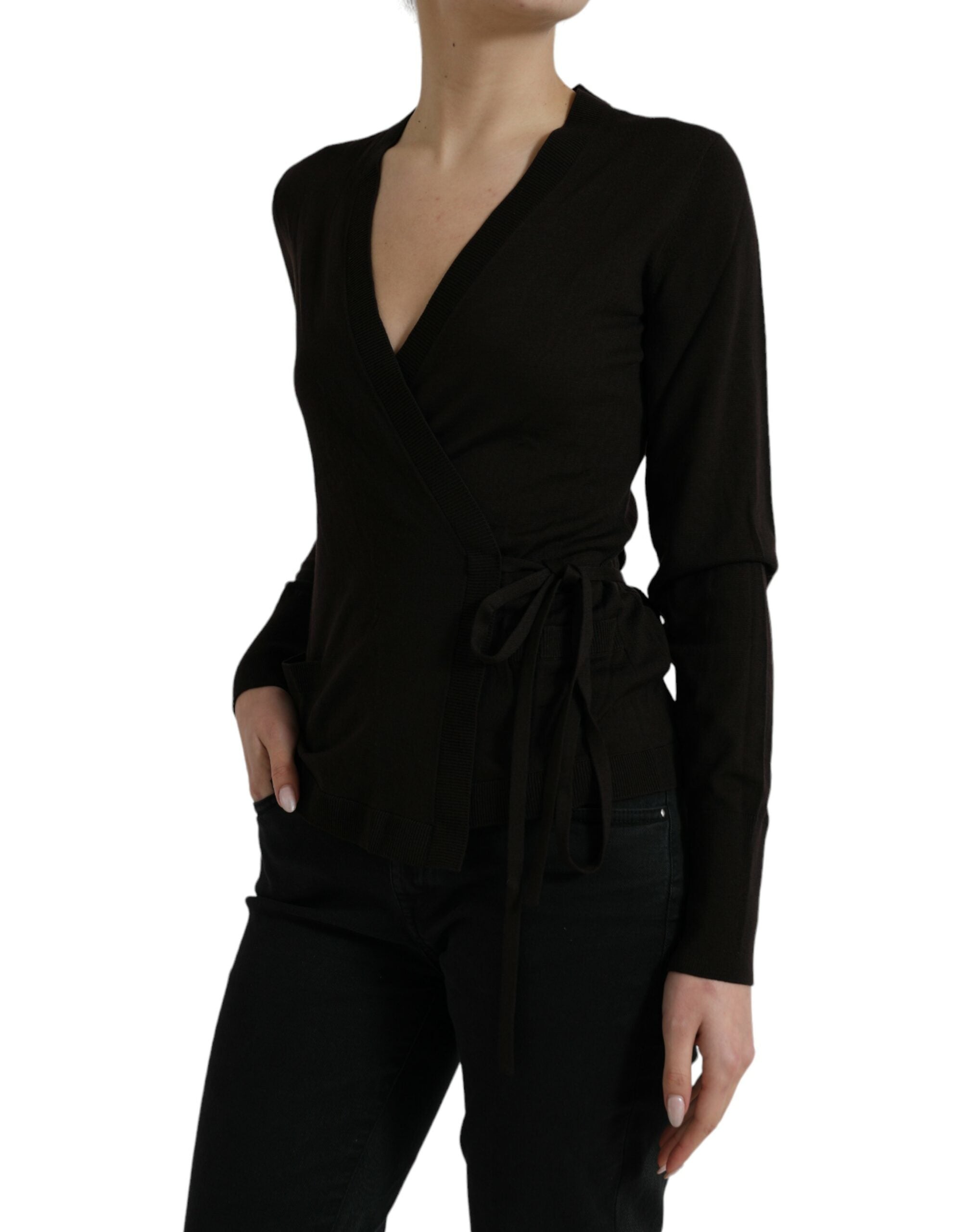 Black wool V-neck crossed cardigan sweater by Dolce & Gabbana, featuring a stylish design with button details.