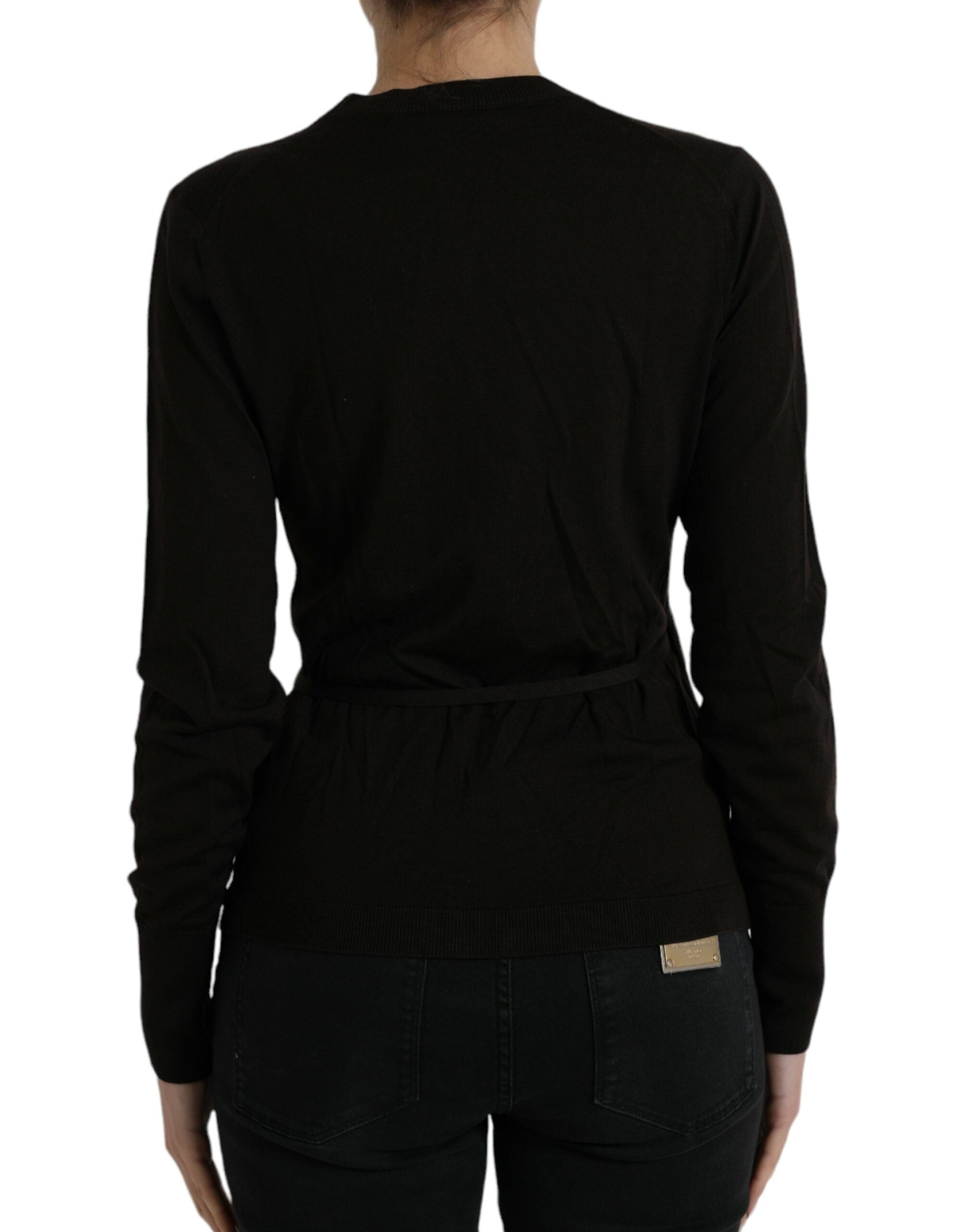 Black wool V-neck crossed cardigan sweater by Dolce & Gabbana, featuring a stylish V-neck and crossed front design.