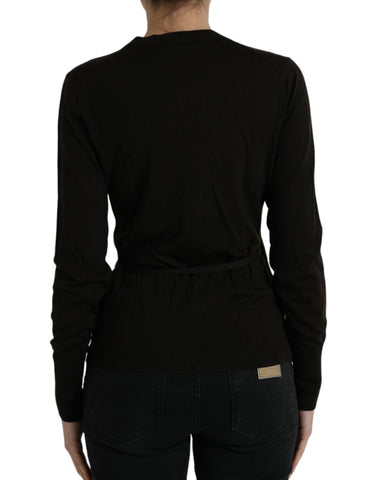 Black wool V-neck crossed cardigan sweater by Dolce & Gabbana, featuring a stylish V-neck and crossed front design.