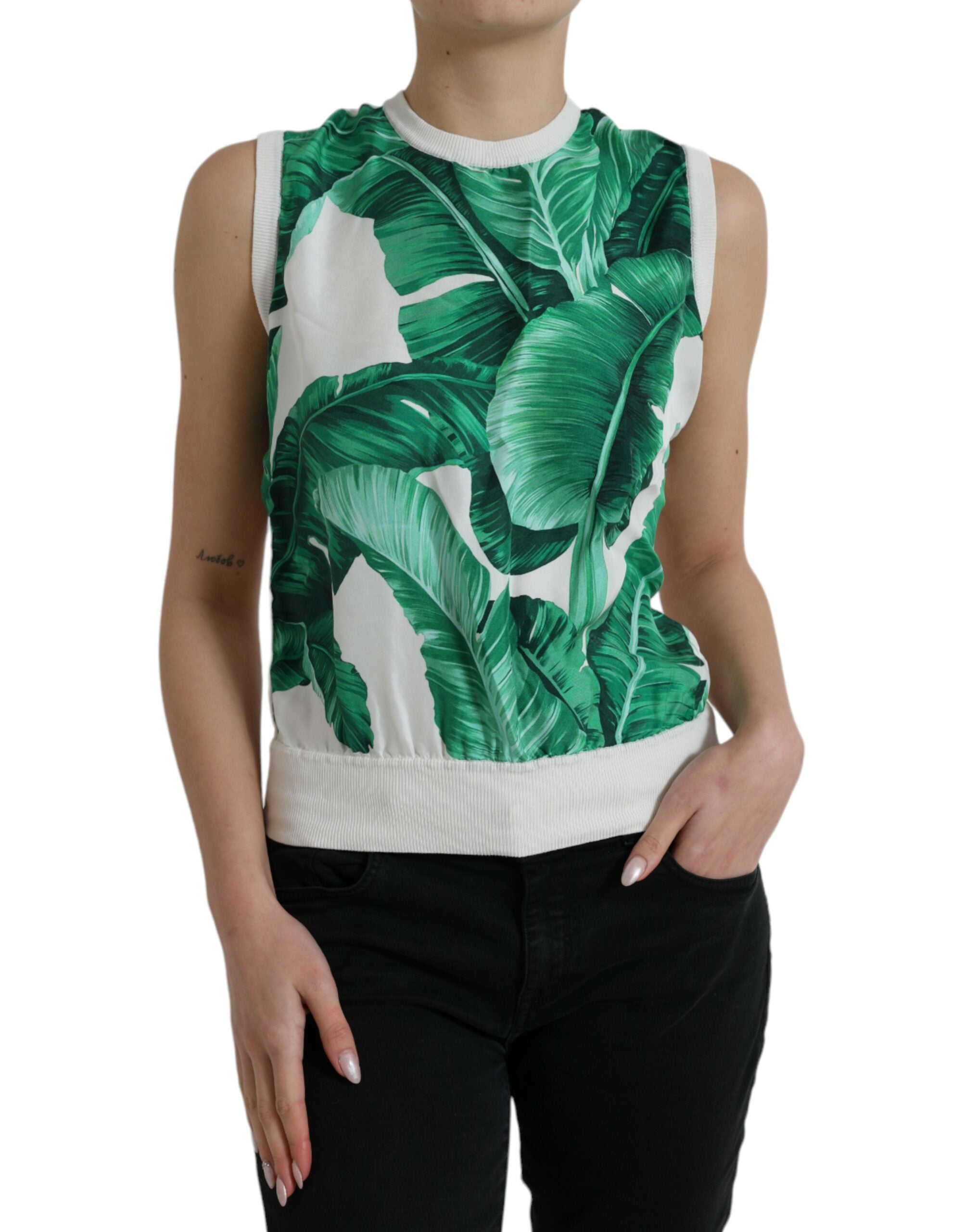 White crew neck tank top with banana leaf print by Dolce & Gabbana, showcasing a stylish, casual sleeveless design.