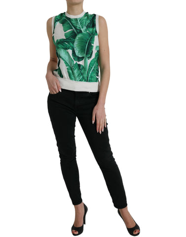 White banana leaf print crew neck tank top by Dolce & Gabbana, featuring tropical leaf pattern and sleeveless design.