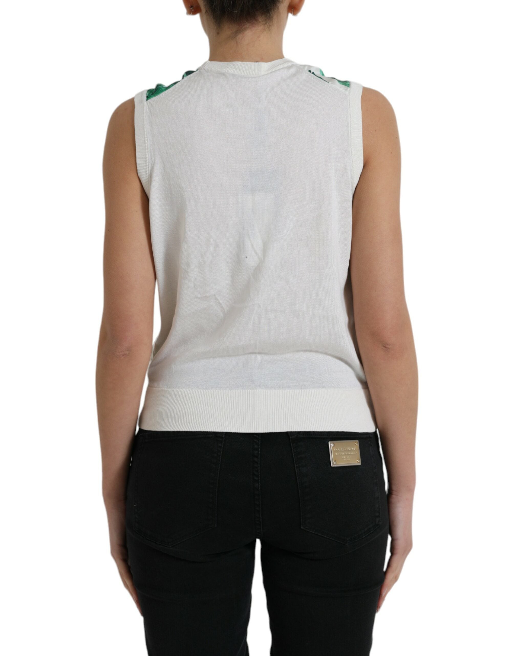 White Dolce & Gabbana banana leaf print crew neck tank top displayed on a model, showcasing tropical design and casual style.