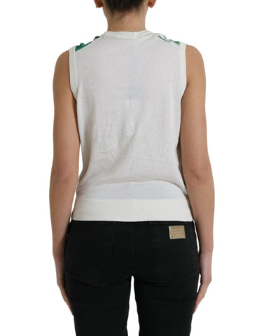 White Dolce & Gabbana banana leaf print crew neck tank top displayed on a model, showcasing tropical design and casual style.