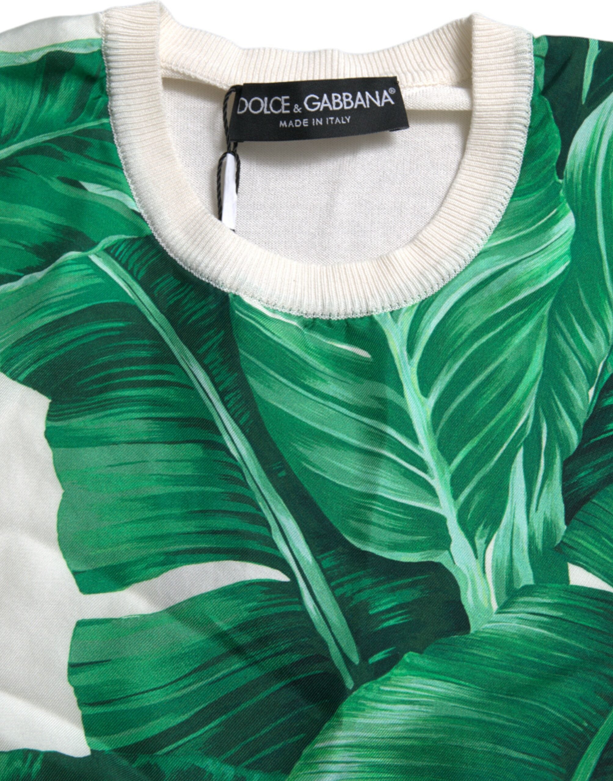 White Dolce & Gabbana crew neck tank top with banana leaf print, lightweight sleeveless summer top.