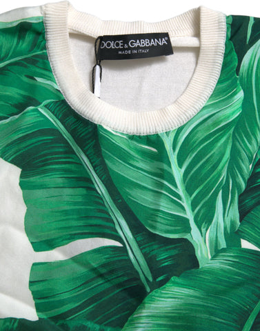 White Dolce & Gabbana crew neck tank top with banana leaf print, lightweight sleeveless summer top.