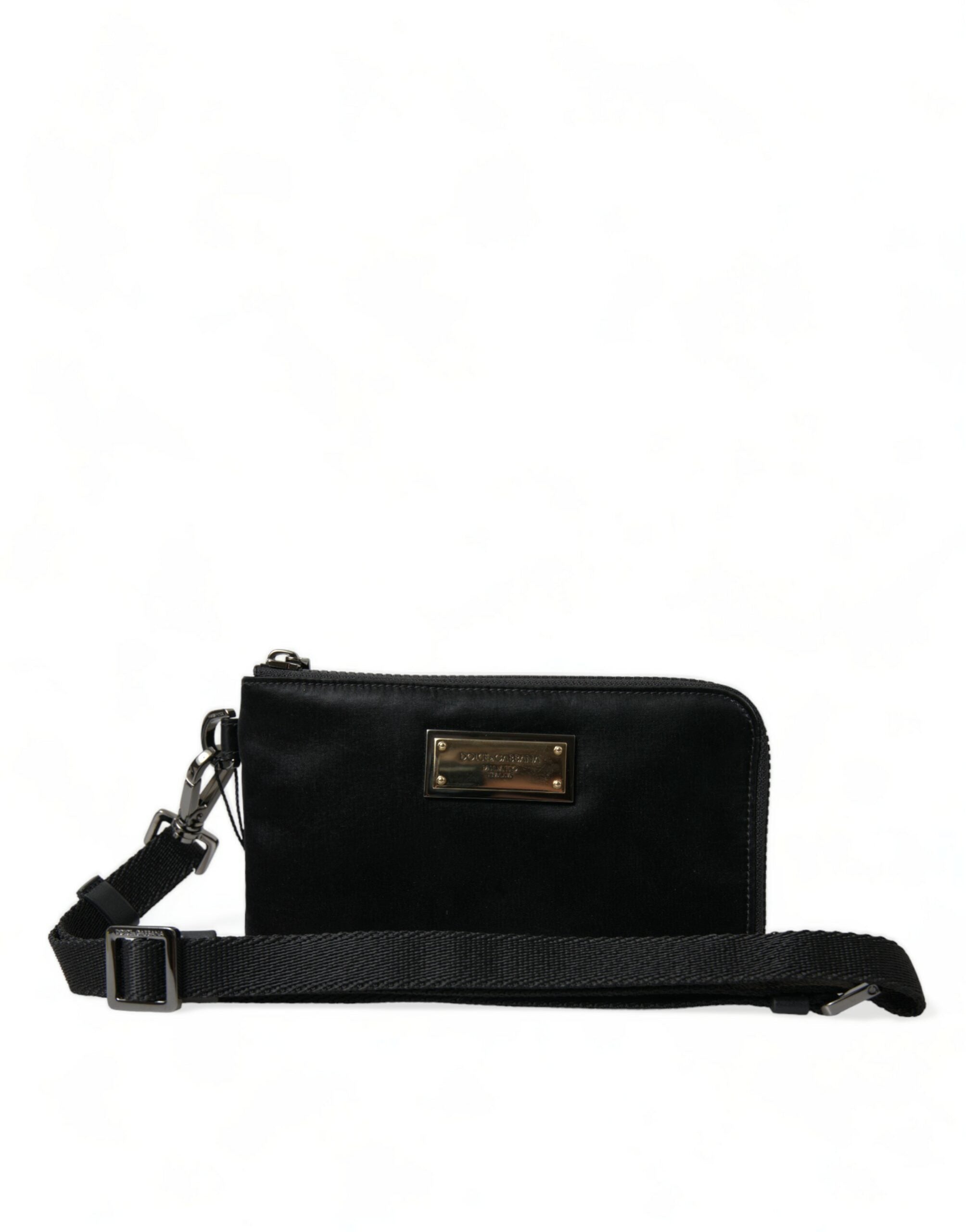 Black nylon Dolce & Gabbana logo plaque keyring pouch with clutch bag design, featuring a sleek and compact accessory.
