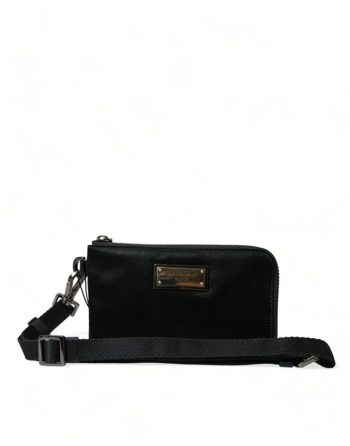Black nylon Dolce & Gabbana logo plaque keyring pouch with clutch bag design, featuring a sleek and compact accessory.