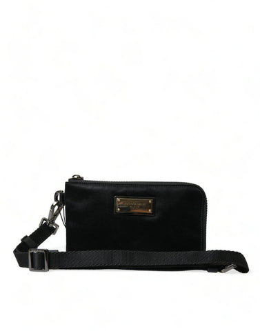 Black nylon Dolce & Gabbana logo plaque keyring pouch with clutch bag design, featuring a sleek and compact accessory.