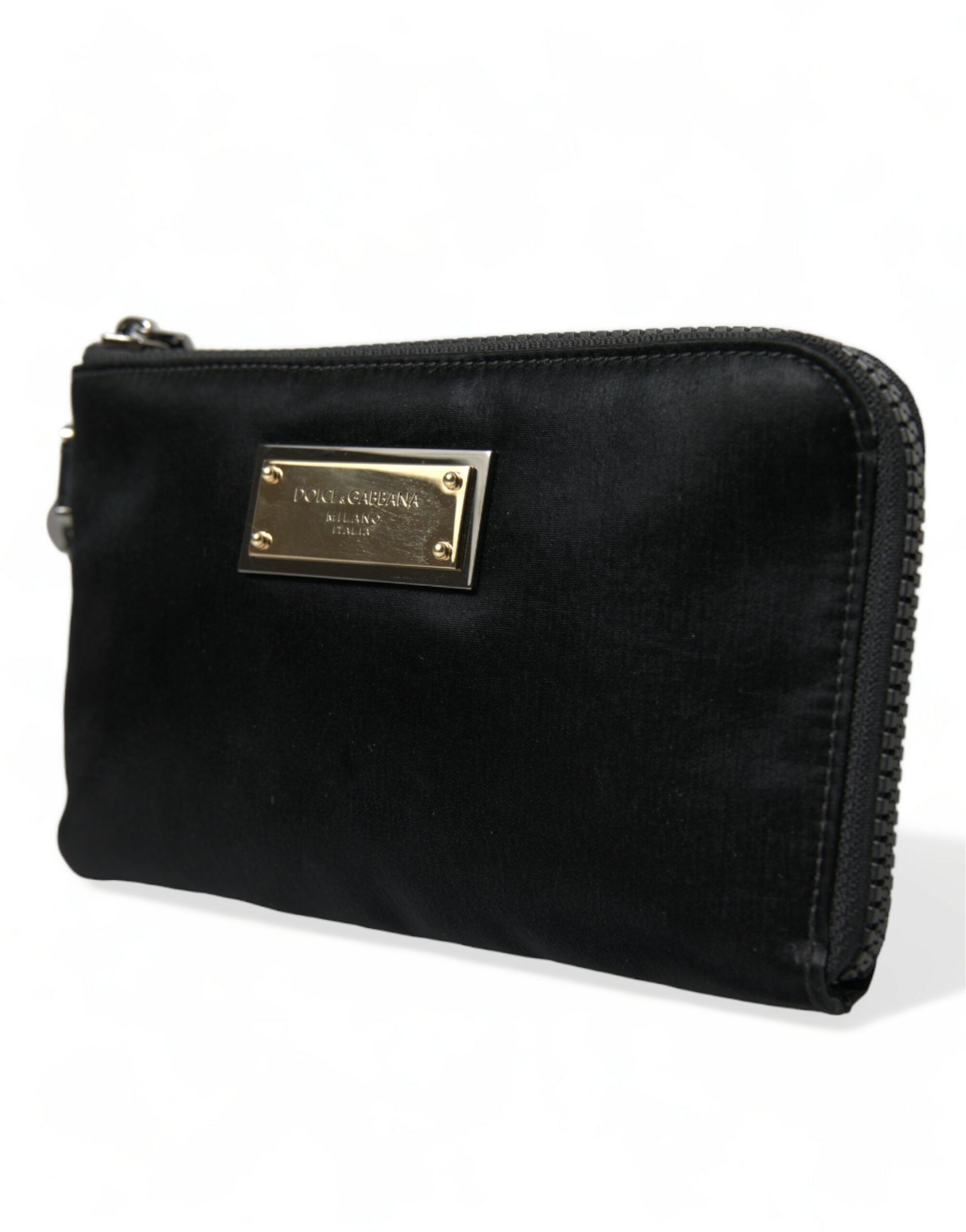 Black nylon Dolce & Gabbana logo plaque keyring pouch, compact clutch bag with sleek design and keyring attachment.