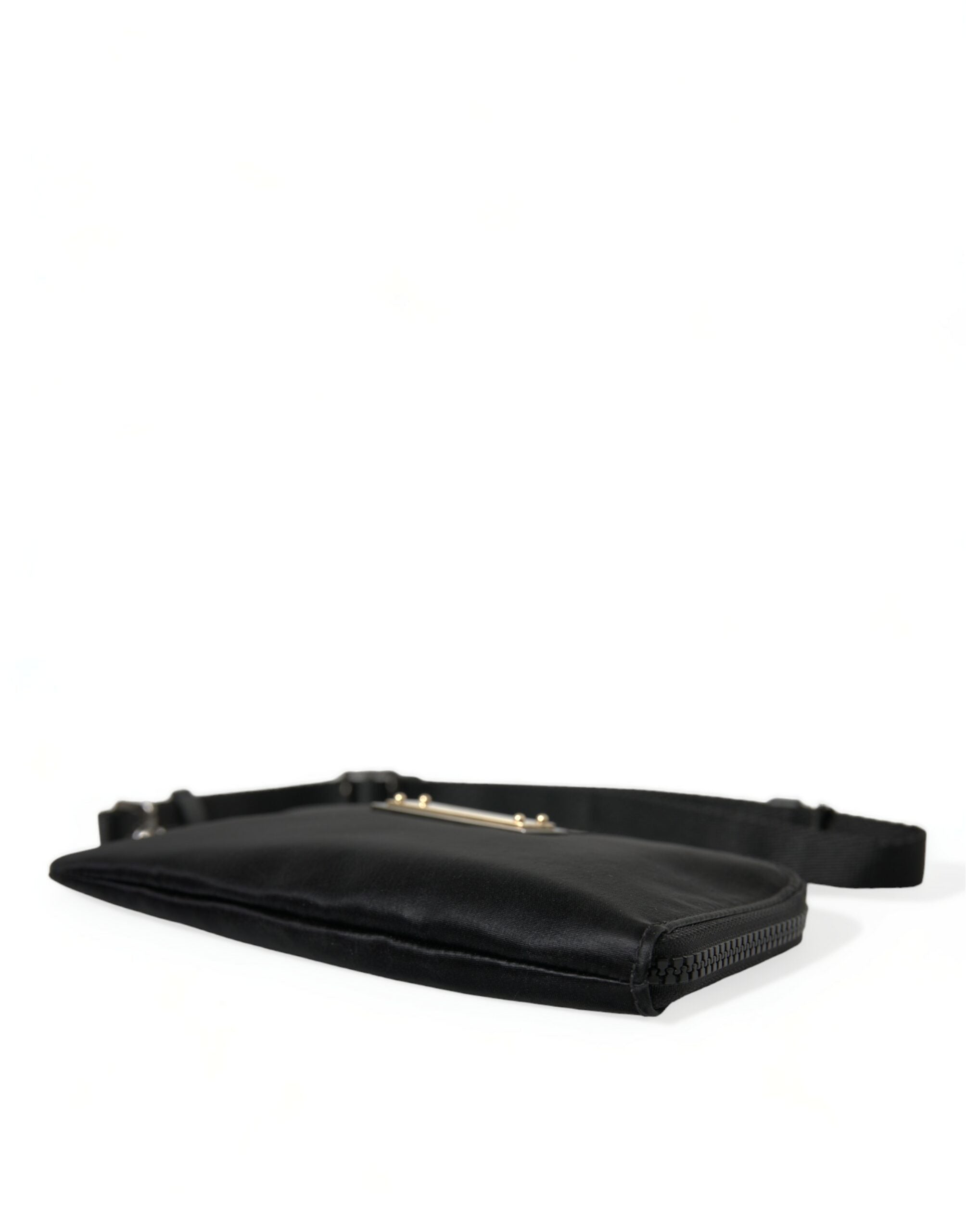 Black nylon Dolce & Gabbana logo plaque keyring pouch with clutch bag design and silver hardware.