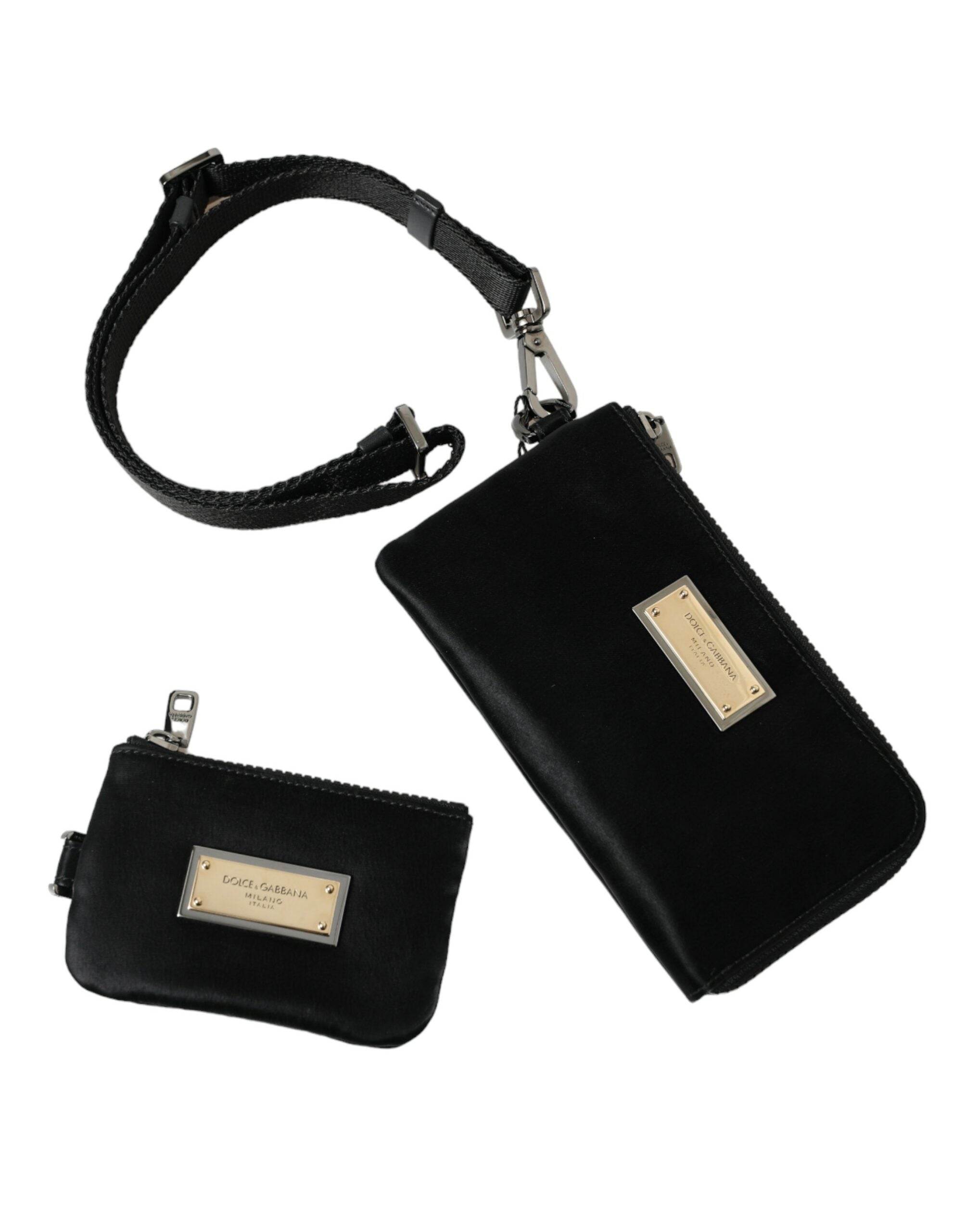 Black nylon Dolce & Gabbana logo plaque keyring pouch clutch bag with zipper closure and compact design.