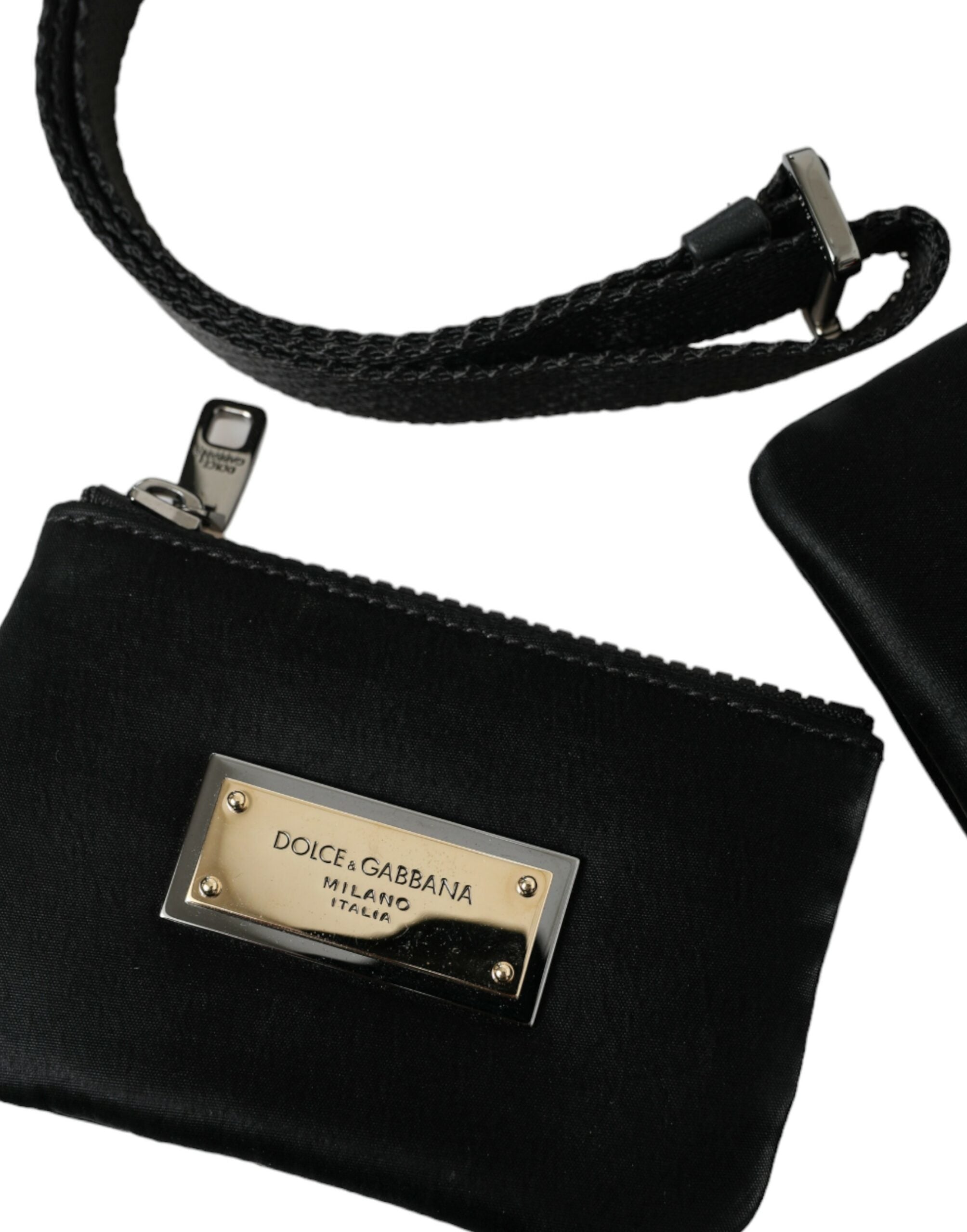 Black nylon Dolce & Gabbana logo plaque keyring pouch with clutch bag design, featuring a sleek and compact accessory.