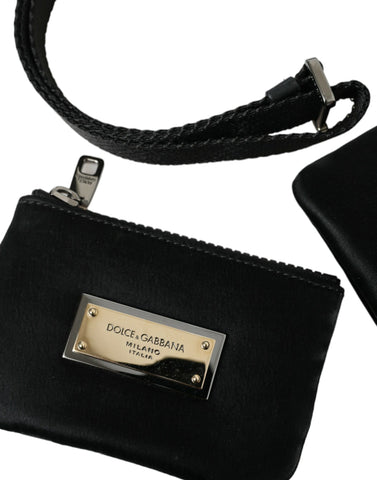 Black nylon Dolce & Gabbana logo plaque keyring pouch with clutch bag design, featuring a sleek and compact accessory.