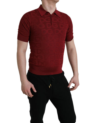 Maroon collared short sleeve silk T-shirt by Dolce & Gabbana displaying a sleek collar and smooth silk fabric.