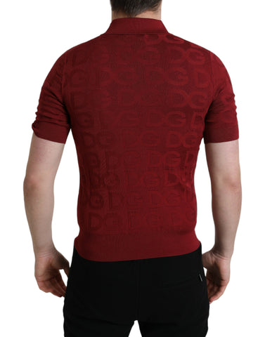 Maroon Dolce & Gabbana silk short sleeve T-shirt with a collared neckline, displayed flat on a white background.