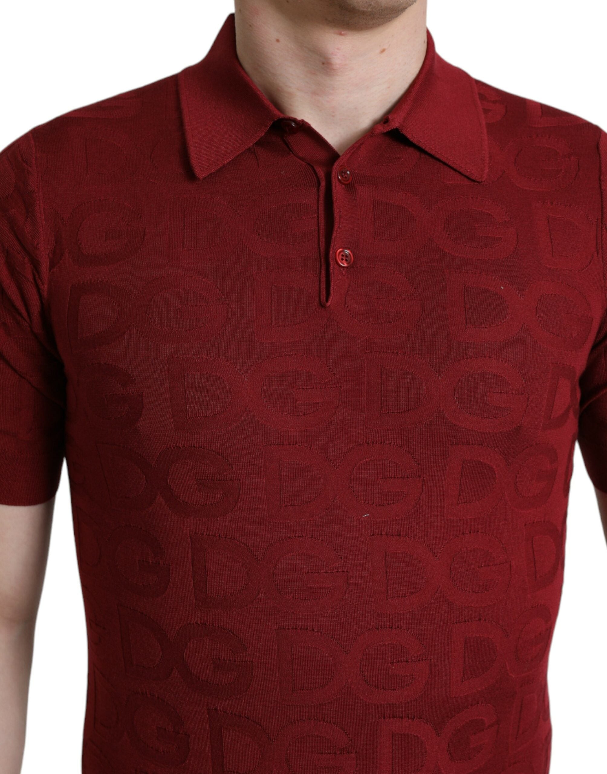 Maroon Dolce & Gabbana silk short sleeve T-shirt with a collared neckline, stylish and luxurious for casual wear.