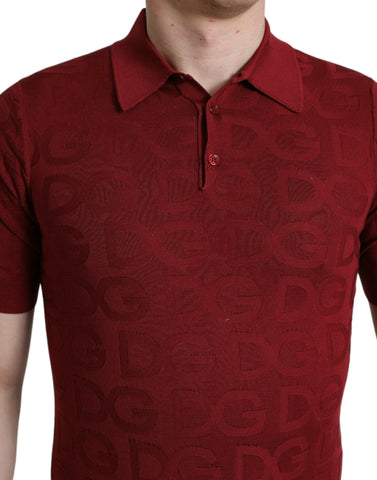 Maroon Dolce & Gabbana silk short sleeve T-shirt with a collared neckline, stylish and luxurious for casual wear.