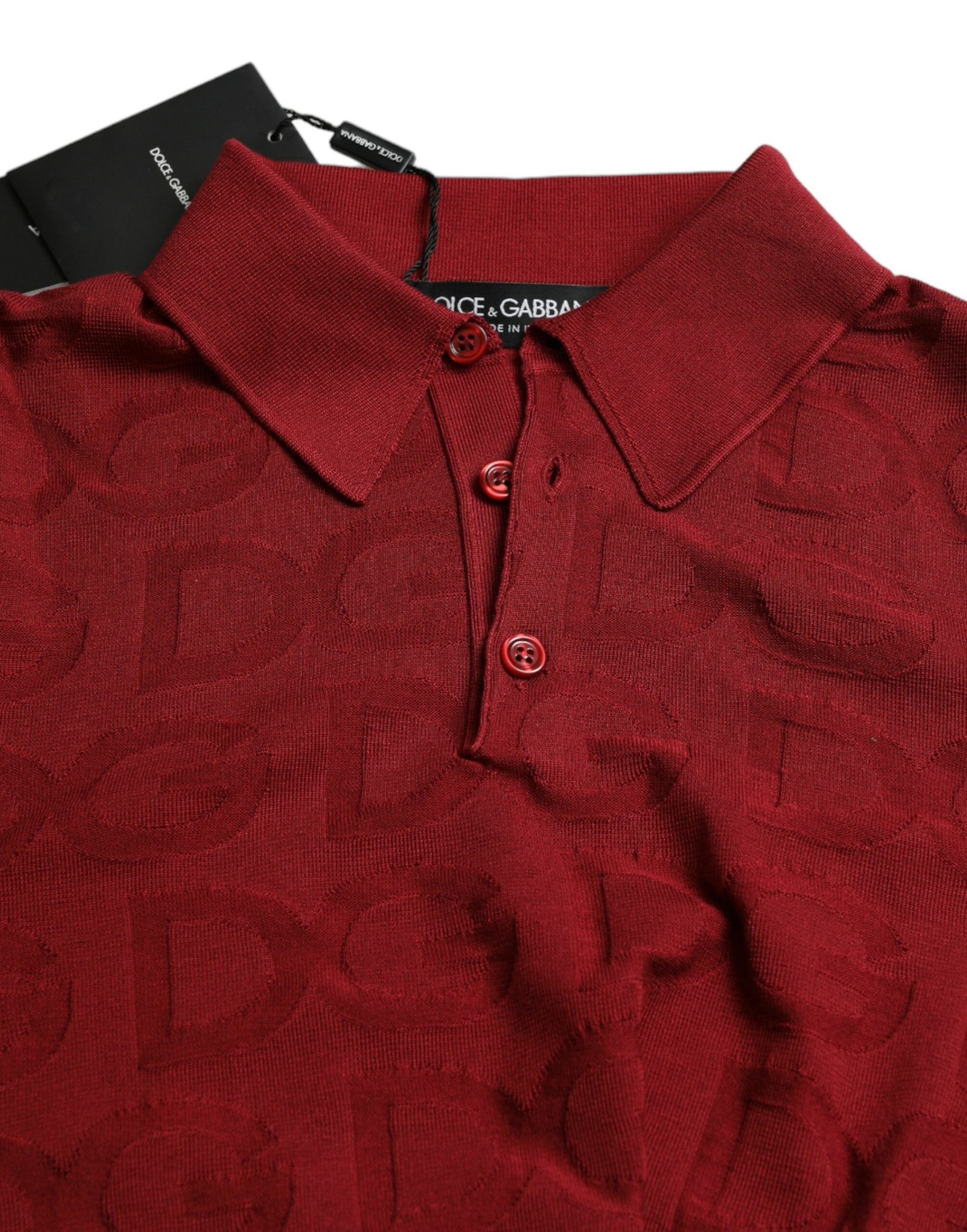 Maroon Dolce & Gabbana silk short sleeve T-shirt with a collared design, featuring a sleek and stylish look.