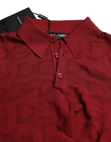 Maroon Dolce & Gabbana silk short sleeve T-shirt with a collared design, featuring a sleek and stylish look.