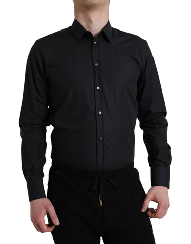 Navy blue cotton formal dress shirt with collar by Dolce & Gabbana, displayed on a plain background.