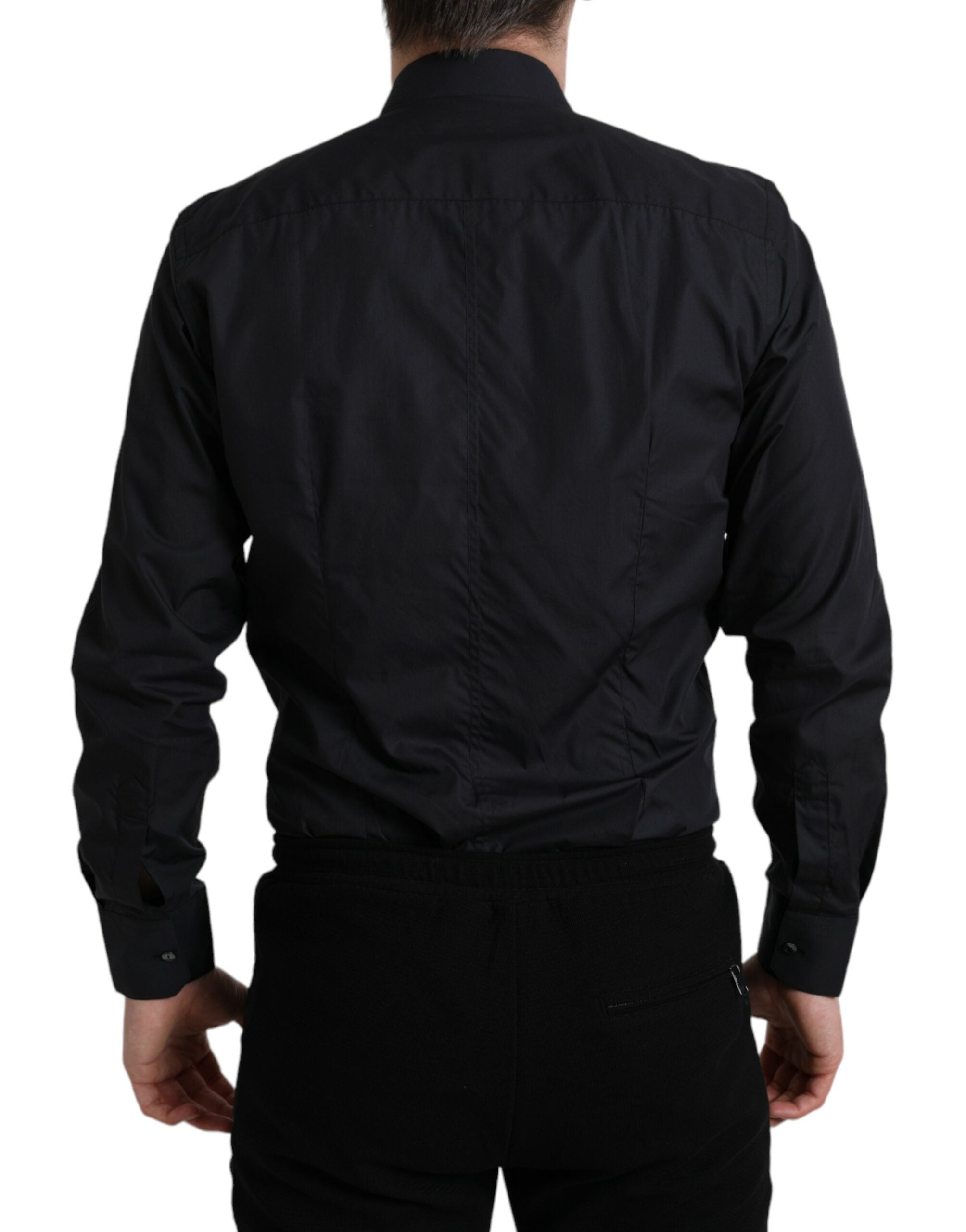 Navy blue cotton formal dress shirt with collar by Dolce & Gabbana, shown with buttons and tailored fit.
