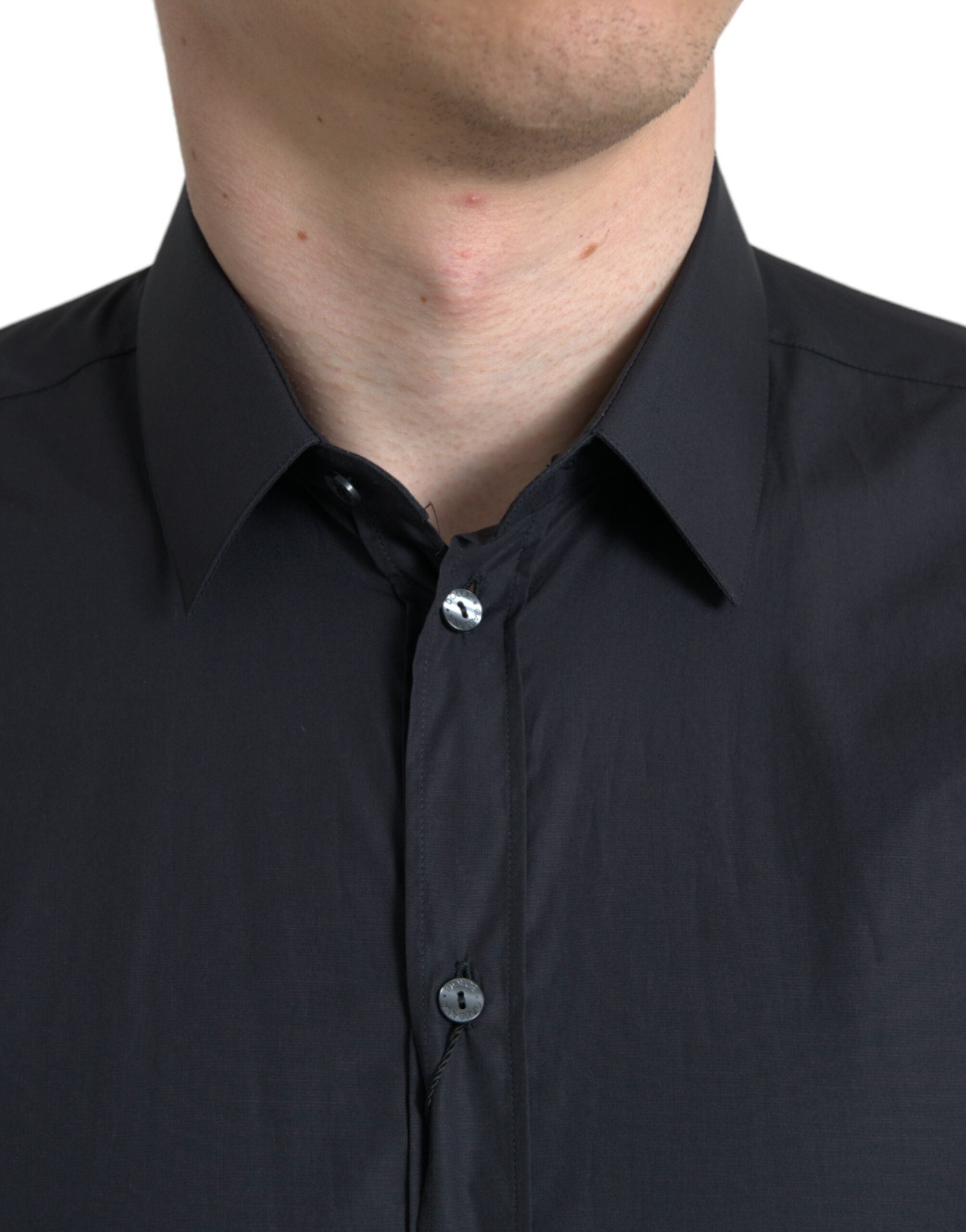 Navy blue cotton formal dress shirt with collar by Dolce & Gabbana, shown on a plain background.