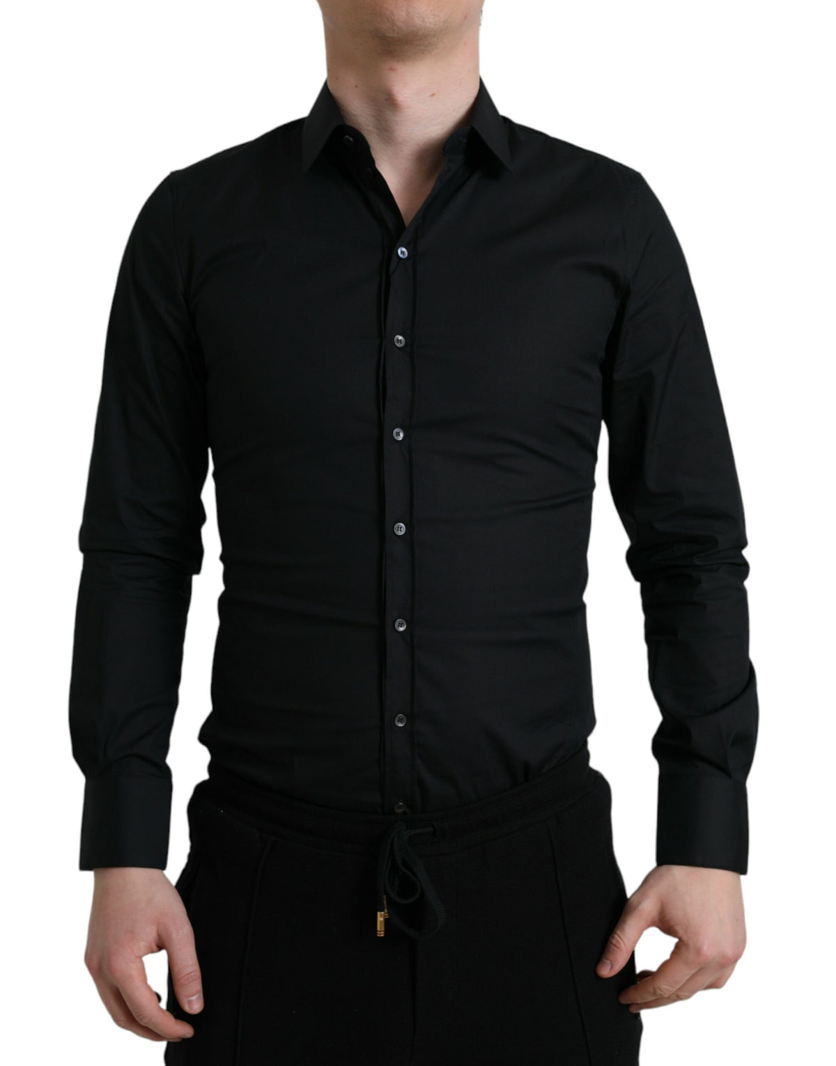 Black cotton stretch slim formal dress shirt by Dolce & Gabbana, showing the tailored fit and classic collar style.