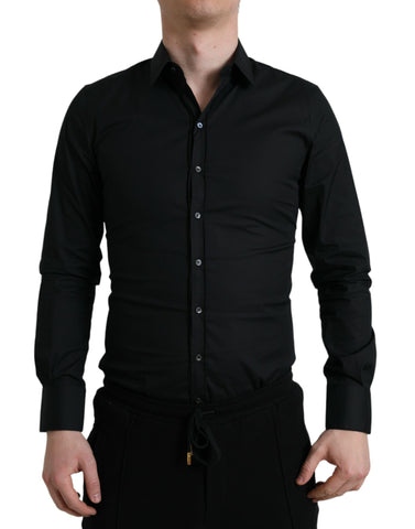 Black cotton stretch slim formal dress shirt by Dolce & Gabbana, showing the tailored fit and classic collar style.