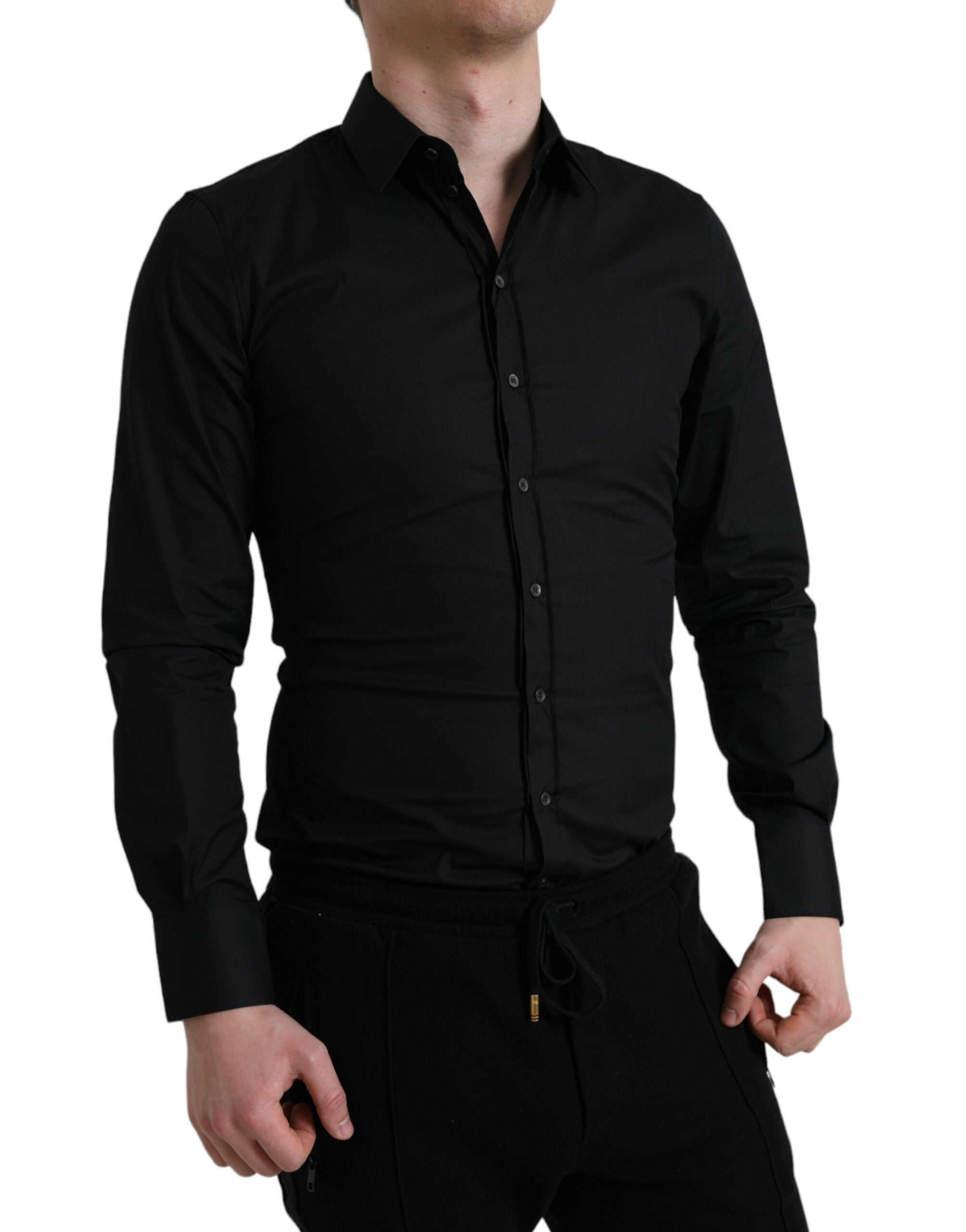 Black cotton stretch slim fit formal dress shirt by Dolce & Gabbana, showing a tailored design with a classic collar and button front.