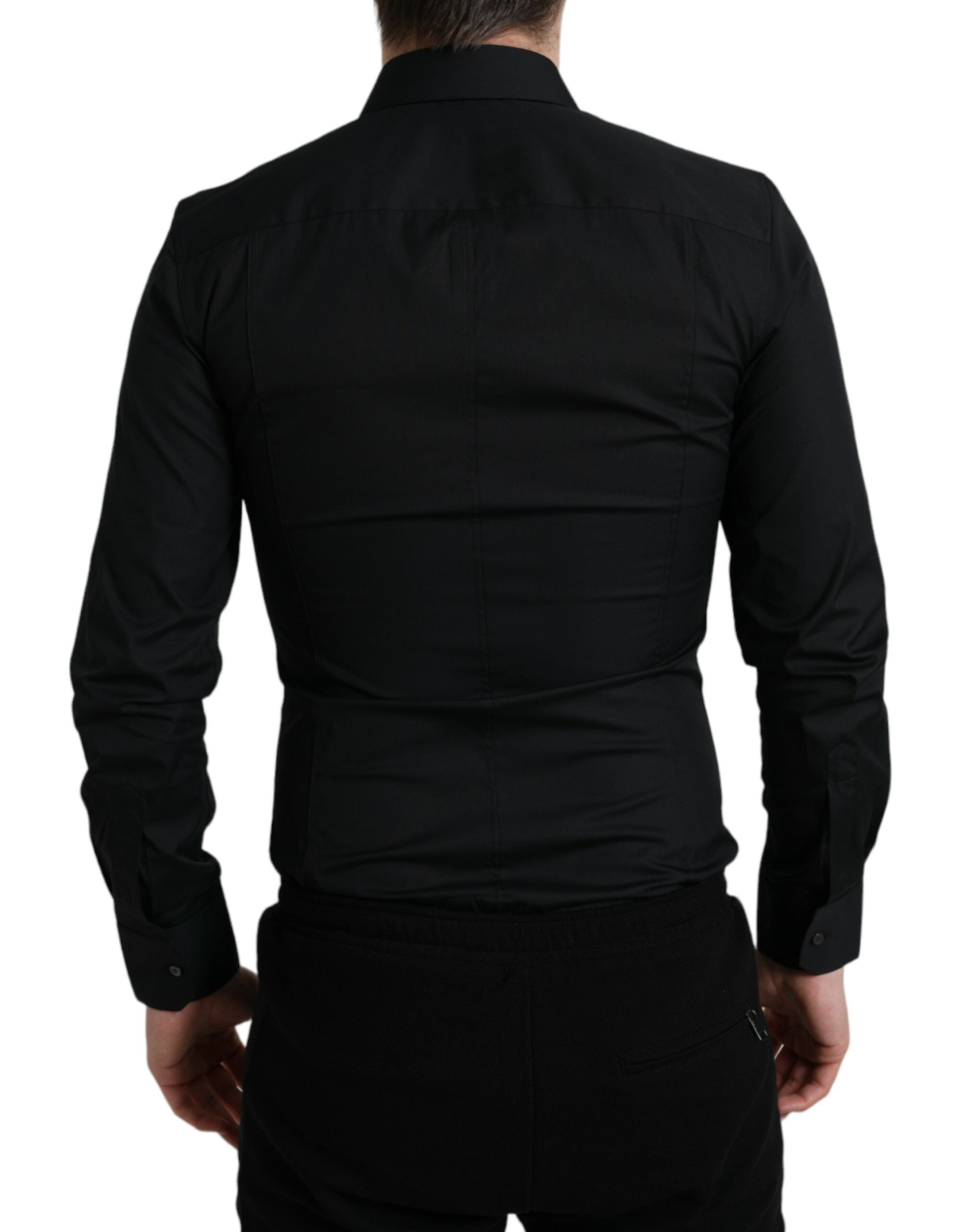 Black cotton stretch slim formal dress shirt by Dolce & Gabbana, featuring a tailored fit and classic collar.