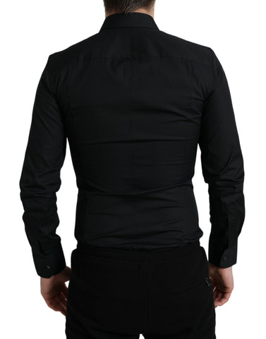 Black cotton stretch slim formal dress shirt by Dolce & Gabbana, featuring a tailored fit and classic collar.