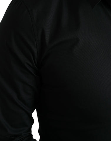 Black cotton stretch slim fit formal dress shirt by Dolce & Gabbana, shown with a classic collar and button-down front.