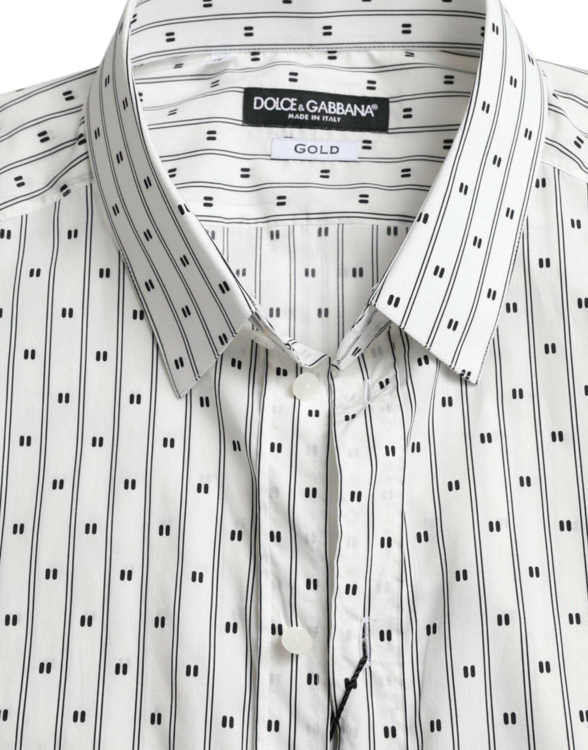 White patterned men's formal dress shirt by Dolce & Gabbana, featuring a classic gold design and tailored fit.
