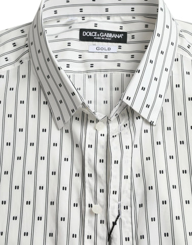 White patterned men's formal dress shirt by Dolce & Gabbana, featuring a classic gold design and tailored fit.